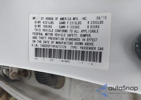 2015 Honda Accord Ex from USA, damaged, VIN 1HGCR2F74FA273126